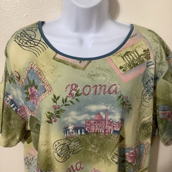 Vintage Y2K Fairy Grunge Green Rome Roma Vacation Graphic Rhinestone T Shirt XL - Picture 2 of 12